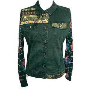 Onado Paris Women’s 8 Green Embellished Boho Festival Art to Wear Denim Jacket